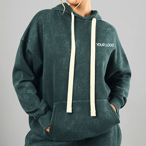 Sweat à capuche surdimensionné personnalisé en molleton 100 % coton délavé à l'acide avec cordon de serrage long imprimé sur le devant pour femme, pull-over hiver automne - Product Image 1
