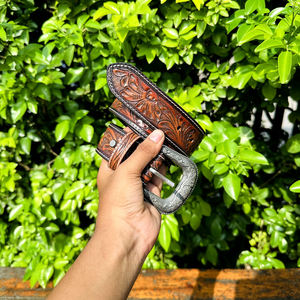 เข็มขัดหนังวัวแกะสลักคุณภาพพรีเมียม หนังแท้ทนทาน พร้อมหัวเข็มขัดสไตล์ตะวันตกคลาสสิก ลายเพสลีย์ เหมาะสำหรับงานปาร์ตี้ - Product Image 2