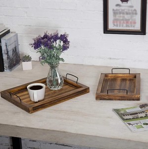 Indian Home Crafts Eco-Friendly Rustic Wooden <b>Serving</b> <b>Trays</b> Sets Pine Wood <b>Serving</b> <b>Tray</b> <b>Black</b> Metal Handles WT-100 Hotels - Product Image 5