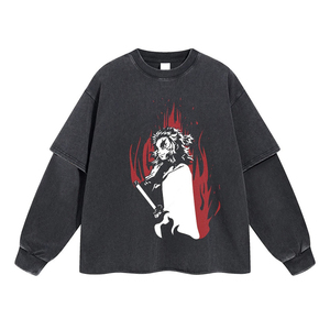 เสื้อยืดสตรีทแวร์ของผู้ชายผ้าคอตตอนแขนสองชั้นโอเวอร์ไซส์สไตล์ฮิปฮอป - Product Image 1