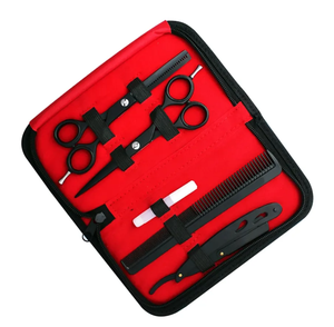 Étui en cuir noir ensemble enduit métal acier barbier rasoir amincissement coupe cisaillement avec étui en cuir cheveux outils et accessoires Kit - Product Image 5