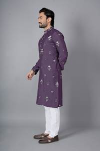 Royal Purple Chanderi <b>Silk</b> <b>Men's</b> Kurta <b>Pajama</b> Set with Embroidery - Product Image 4