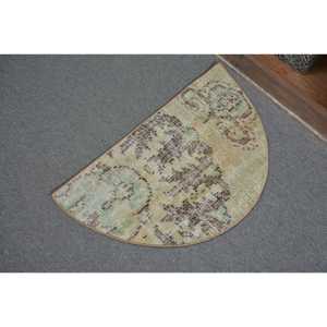 Tapis rond turc 2,5x1,5 pieds, tapis en laine vintage à fleurs vertes - Product Image 4