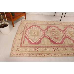 Vintage <b>Runner</b> Rug 0.4x7.6 ft (13x233 cm), Turkish <b>Red</b> Abstract Wool Rug - Product Image 4
