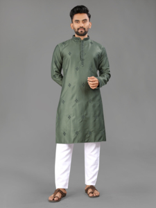Kurta de Seda Reversible Bordada en Verde Oliva para Hombre, Churidar Blanco para Bodas/Diwali, Ropa Casual de Estilo Tradicional Indio - Product Image 1