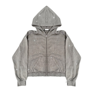 OEM Custom Design Embroidered <b>Rhinestone</b> Hoodie Lightweight Sporty Acid Wash Hooded Pullover Winter Fleeced 100% Cotton <b>Jacket</b> - Product Image 4
