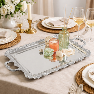 Bandeja Decorativa Plateada, Bandeja Rectangular Plateada con Asas, Bandeja de Servicio de Lujo, Bandeja de Servicio de Metal, Elegante Bandeja para Mesa de Comedor - Product Image 1