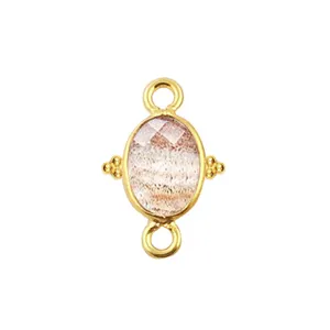 925纯银铜注入椭圆形刻面宝石金色朱红色花式边框宝石双环珠宝制作魅力连接