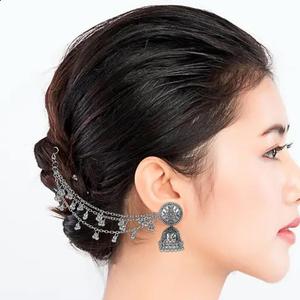 Efulgenz, mayorista indio, fabricante de joyas, juego de pendientes colgantes oxidados Jhumka Jhumki con cadena para el cabello, joyería para mujer - Product Image 3