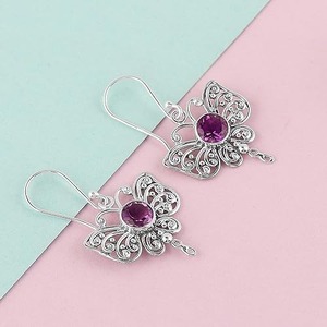 925 Solid Sterling Silver Amethyst Gemstone <b>Earrings</b> Round Shape <b>Earrings</b> for Women Girls <b>Dangle</b> <b>Earrings</b> Silver Jewellery - Product Image 2