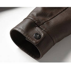 Chaqueta de moto de cuero de piel de oveja negra con cuello levantado para hombre de otoño, abrigo de motorista cálido de invierno con cremallera de Color sólido, estilo informal - Product Image 4