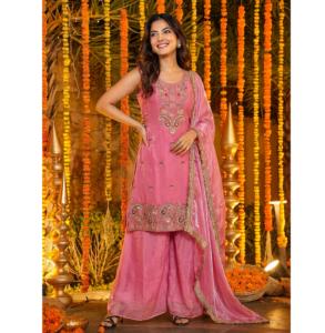 Ensemble Palazzo 3 Pièces Designer en Soie Fandy avec Broderie Perles et Sequins – Tenue Palazzo Tendance avec Dupatta - Product Image 1