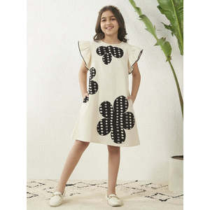 Robe trapèze en coton patchwork pour filles Bugandbees avec manches bouffantes à pois, longueur genou, tenue d'été pour enfants - Product Image 1