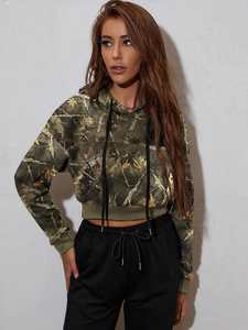 Camo Crop Hoodies Mujer Streetwear Otoño Pullover con cordón ajustable Manga larga Sudadera informal Diseño de logotipo personalizado - Product Image 3