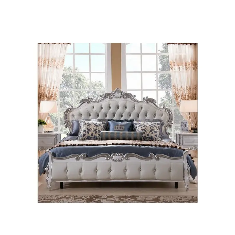 El oyma tik katı ahşap kral çift kişilik yatak yastık ile deco boya gümüş renk özelleştirilmiş boyutu ile renk ve şekil satılık