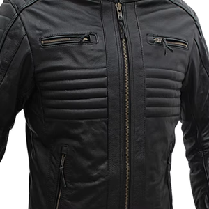 Chaqueta de cuero azul estilo motociclista con cuello levantado para hombre al por mayor, chaqueta ajustada con cremalleras de cuero auténtico con logotipo personalizado, holgada OEM - Product Image 6