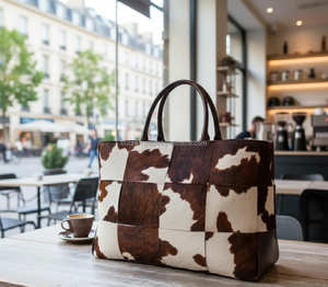 Sac fourre-tout haut de gamme en cuir véritable de vachette à poils, avec fermeture éclair, broderie, couleur unie, style vintage, sac à main pour femme LHTB-0041 - Product Image 5