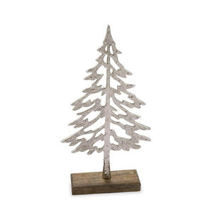 Wholesale Silver Aluminium Metal <b>Tree</b> Sculpture <b>Tabletop</b> <b>Christmas</b> Decoration With Natural Mango Wood Base Elegant Home Decor - Product Image 1