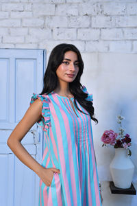 Mini robe élégante 100% coton à rayures pastel, rose et bleu, manches volantées, épaule écologique pour les occasions quotidiennes, méthode tissée - Product Image 3