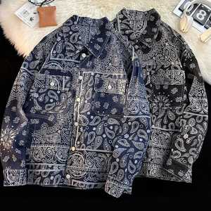 Vintage Paisley Denim <b>Jacket</b> for <b>Men</b> Autumn Casual Streetwear Zipper Cotton Stylish Outerwear - Product Image 1