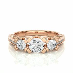 Anillo de Aniversario con Tres Piedras de Diamante de Corte Redondo y Halo Oculto para Mujer - Product Image 1