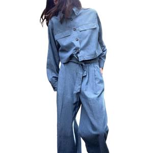 Womens Vintage Denim Jacket Pant Sets Single Breasted Lapel Long Sleeve Coat Wide Leg Trousers Jeans <b>High</b> Street Outfits - Product Image 2