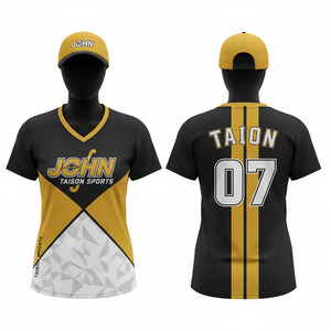 เสื้อฮอกกี้หญิงพรีเมียม 150 GSM ผ้าโพลีเอสเตอร์ระบายอากาศได้ดี สีดำ ทอง ขาว ตัดต่อสีแบบคอนทราสต์ พิมพ์ลายแบบซับลิเมชั่น พร้อมสกรีนโลโก้ทีมตามสั่ง - Product Image 1