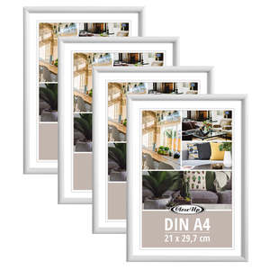 Lot de 4 cadres photo A4 simples en plastique blanc 21x29,7 cm, en verre, bois, PS, fer, tailles personnalisées disponibles - Product Image 1