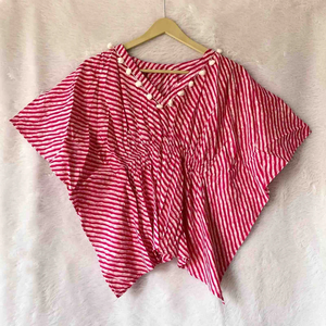 <b>Pink</b> Cotton Kaftan <b>Top</b> Lehariya Styled Short-Length Knitted Clothing with Embroidery and Hollow out Casual <b>Top</b> For Women - Product Image 1