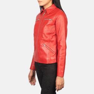 Chaquetas de mujer Biker chaqueta roja de cuero genuino de alta calidad para mujer al por mayor bombardero logotipo personalizado colores OEM cierre de cremallera - Product Image 2