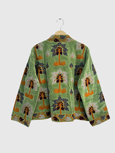 Veste en velours vert brodée à col mandarin, manches longues, motif floral, vêtement d'automne, style blouson pour femmes adultes - Product Image 2