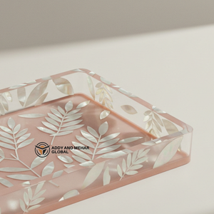 Fournisseur indien propose un récipient alimentaire rectangulaire de luxe en nacre (MOP) avec incrustation de résine, finition rose pâle/pêche, motif feuille botanique - Product Image 2