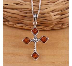Modern Cognac Baltic Amber 925 Sterling <b>Silver</b> <b>Cross</b> Pendant 1.2mm Curb Chain 16-30 Inches Genuine Amber Statement Wedding Gift - Product Image 1