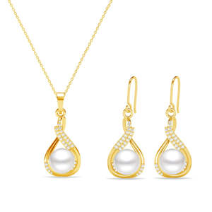 Conjunto de Joyería Nupcial de Perlas Reales Esin Plateadas, con Circonitas de Agua Dulce y Baño de Oro Fino, para Bodas y Fiestas - Product Image 1