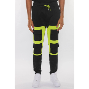 Pantalon de jogging pour homme noir et vert fluo, taille élastique avec cordon de serrage, plusieurs poches, style décontracté, collection automne - Product Image 6