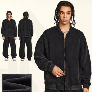 Cárdigan negro Vintage Streetwear Plus Fleece Washed Zipper Loose Button ODM Plain Dyed Hoodies para hombres DDP Shipping - Product Image 3