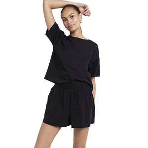 Conjunto de dos piezas de algodón de verano para mujer con top de manga corta y pantalones cortos diseño de logotipo personalizado disponible para venta al por mayor en pedidos al por mayor - Product Image 1