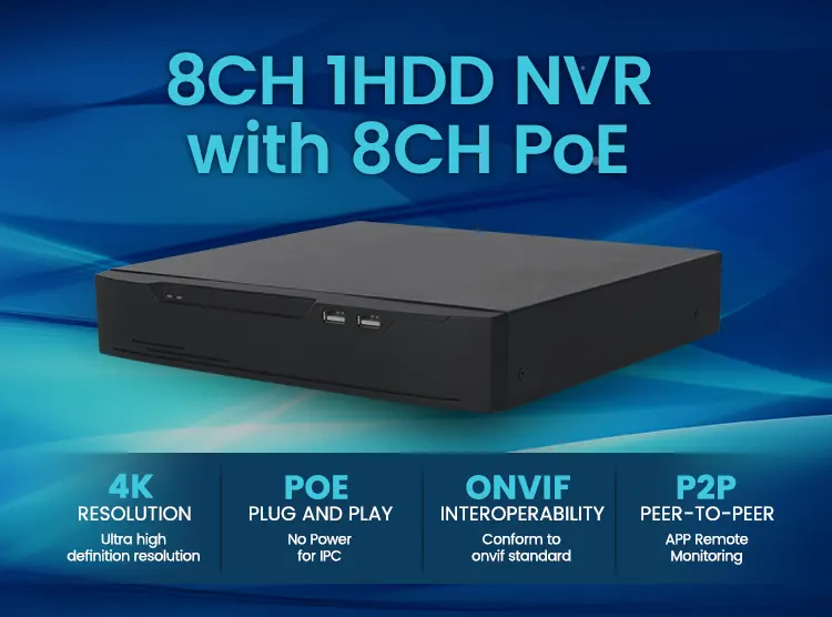 Grabador de vídeo de red CCTV nvr, 4K, 8 canales, PoE, ip, nvr, 8 canales