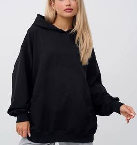 Sweat à capuche femme couleur unie coupe ample poche kangourou décontracté Streetwear brodé/imprimé coton Polyester polaire noir - Product Image 1