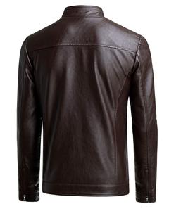 <b>Men's</b> Winter Slim Fit Leather Bomber <b>Jacket</b> with Stand Collar Asymmetric Zip <b>Biker</b> Coat for Motorcycles Featuring Front Logo - Product Image 2