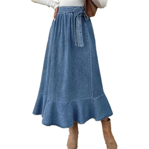 กระโปรงยีนส์ทรงเดรสยาว แต่งชายรุ่ย สไตล์ลำลองสำหรับฤดูร้อน ผ้าฝ้าย แนวสตรีทแวร์สำหรับวัยรุ่น - Product Image 1