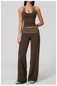Brown halter <b>crop</b> <b>top</b> set High waist shorts yoga wear Dot pattern sheer layer 2 piece yoga outfit - Product Image 2