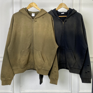 เสื้อฮู้ดดี้สตรีทแวร์ผ้าเฟรนช์เทอร์รี่เนื้อหนัก 420GSM แบบย้อมสีเอซิดวอช แต่งลายปักซันเฟด ซิปคู่ ปรับแต่งได้ สำหรับผู้ชาย (OEM) - Product Image 3