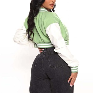 Chaqueta universitaria de manga de lana auténtica a la moda para mujer, cuero teñido liso para invierno, temporada corta de Otoño de talla grande - Product Image 3