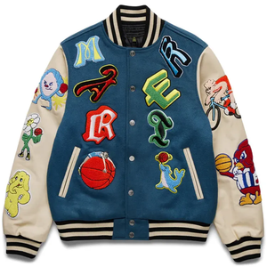 Blue OEM custom leather sleeve chain red embroidery <b>bomber</b> <b>baseball</b> vintage letterman varsity <b>jackets</b> - Product Image 1