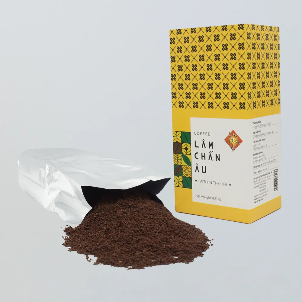 Bubuk kopi hitam bubuk tanah kopi label pribadi bubuk kopi penggunaan layanan kemasan kustom dengan kemasan air mendidih dalam karton