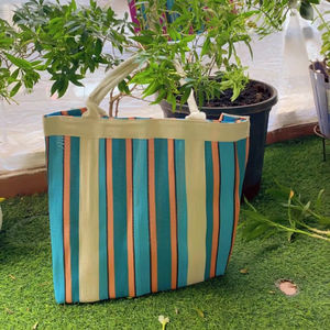 Bolsa de compras de nailon reutilizable ecológica RPET con cremallera a rayas Handloom tejido plástico reciclado bolsas de playa bolsas de cosméticos estuches hechos - Product Image 1