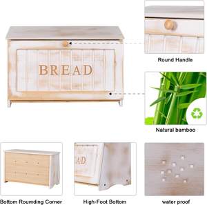 Vintage Large Wood Bread Box <b>for</b> <b>Kitchen</b> Counter, Retro Design Single Layer Bamboo Large Capacity Food Storage <b>Bin</b> (<b>White</b>) - Product Image 5