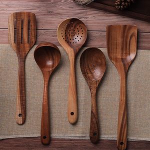 Juego de 5 Cucharas de Madera de Diseño Clásico, Teca Natural Ecológica, Mango Largo, Utensilios de Cocina, Superficie Lisa Antiadherente - Product Image 3
