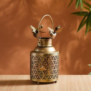 Unique Bucket Style <b>Gold</b> Finished Metal <b>Lantern</b> with Birds Ideal for Holiday Decorations Festival Tables and Celebration Setting - Product Image 1
